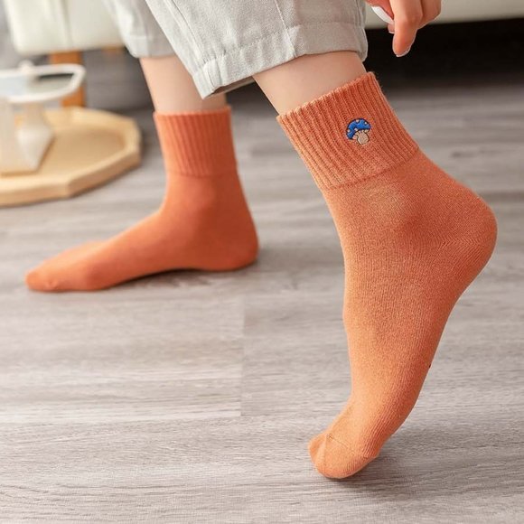 Embroidered Mushroom Ribbed Mid Calf Y2K Cotton Socks - Picture 12 of 15